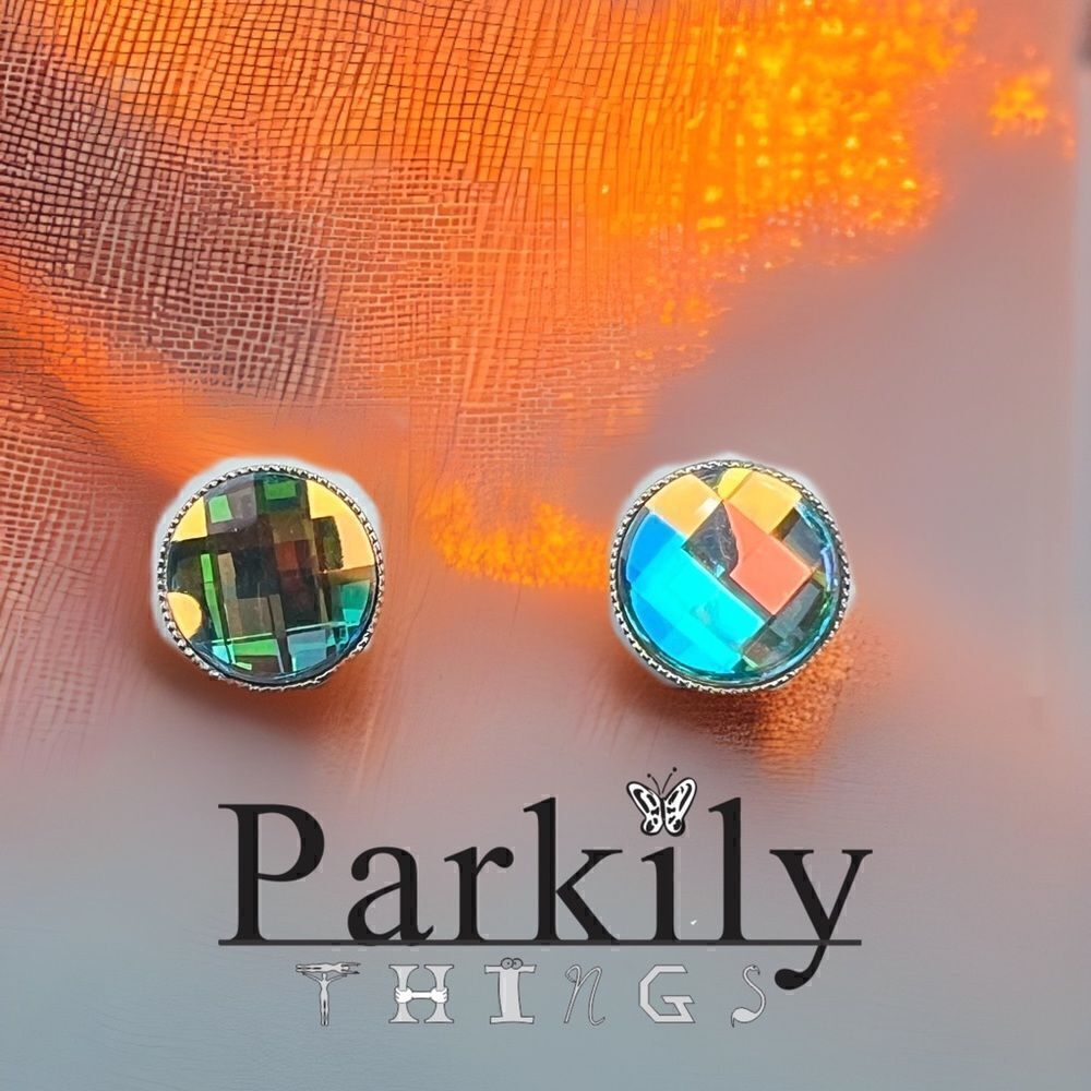 Handcrafted chessboard crystal earrings with Swarovski aurora borealis